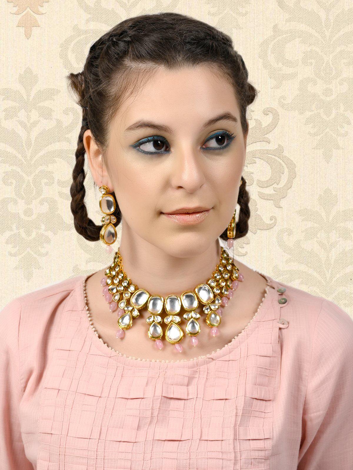 Odette Women Gorgeous Gold Tone Kundan-Pink Mani Choker Set