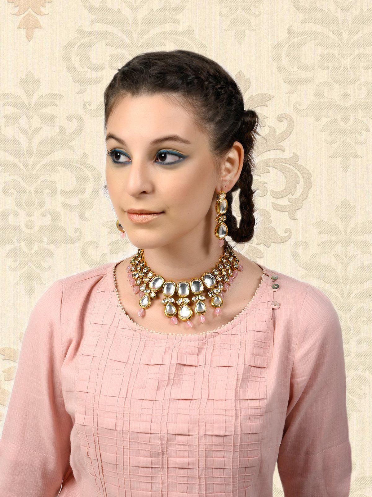 Odette Women Gorgeous Gold Tone Kundan-Pink Mani Choker Set - Image 2